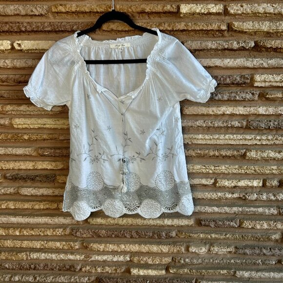 Purple Clover White Silver Embroidered Peasant Top - Picture 8 of 9